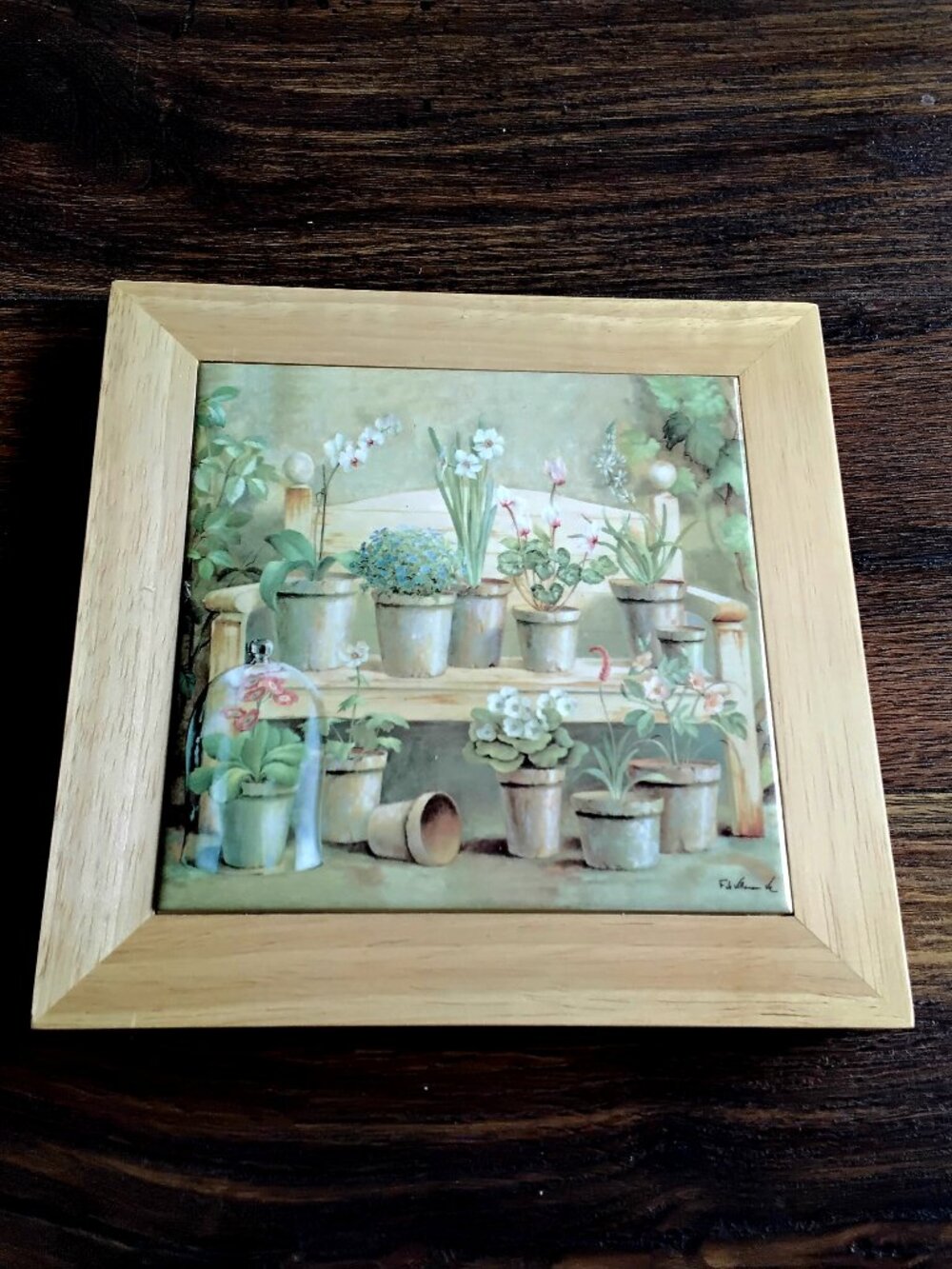 Signed Villomen Framed Tile Art Trivet or Wall Hanging. Botanical Potted Plants